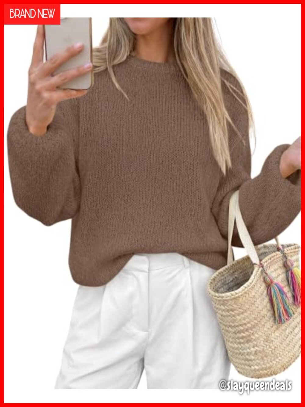 Fuzzy Knit Crew Neck Pullover Sweater Loose Fit Long Sleeve